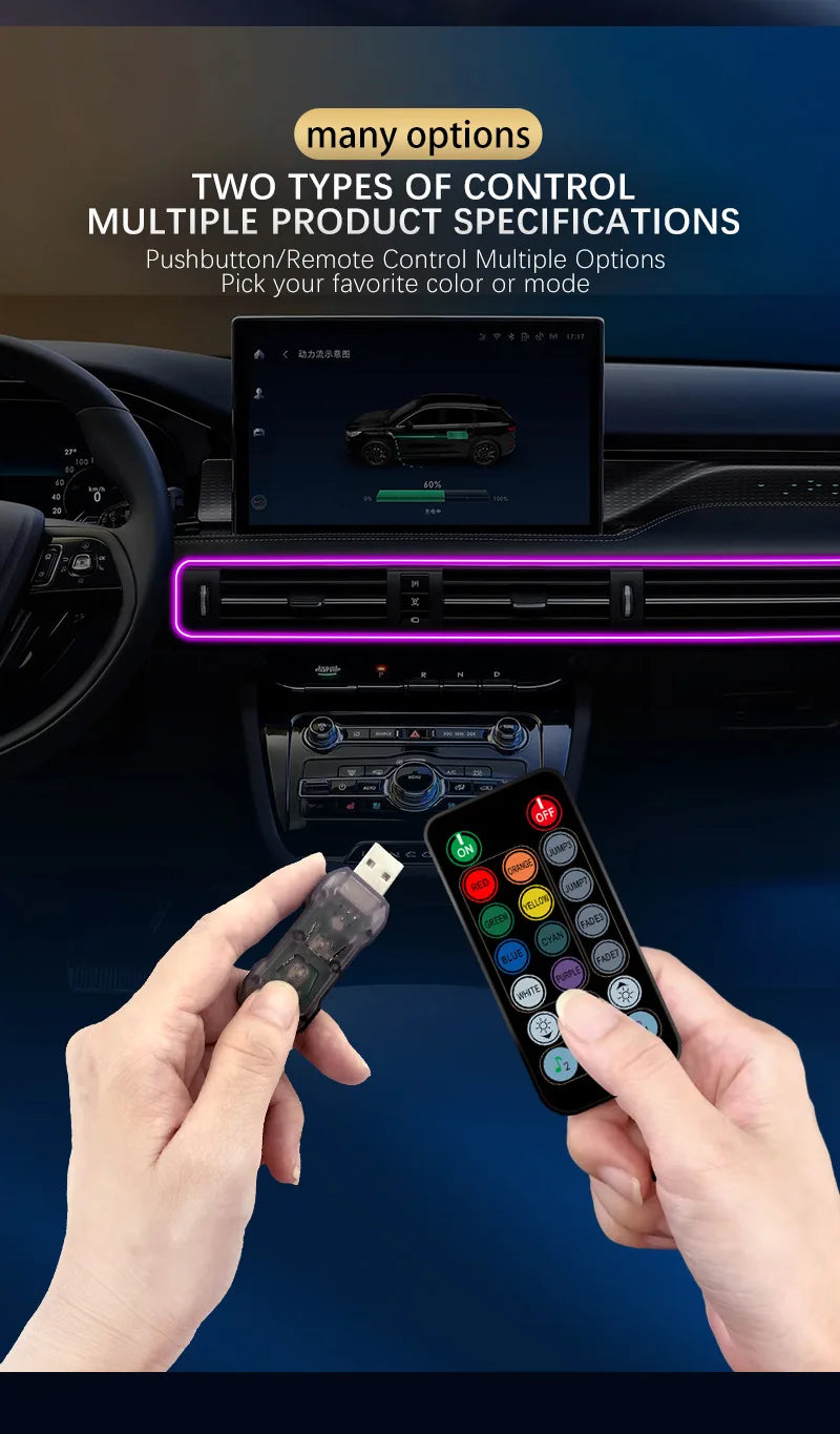 A hand holds a flexible USB LED light strip, demonstrating its use for car interior decoration.