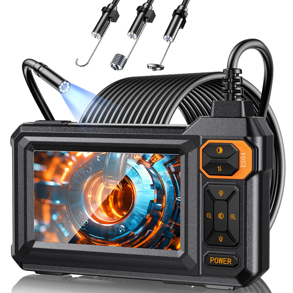 A black industrial endoscope camera with a display showing an internal view and multiple flexible cables.