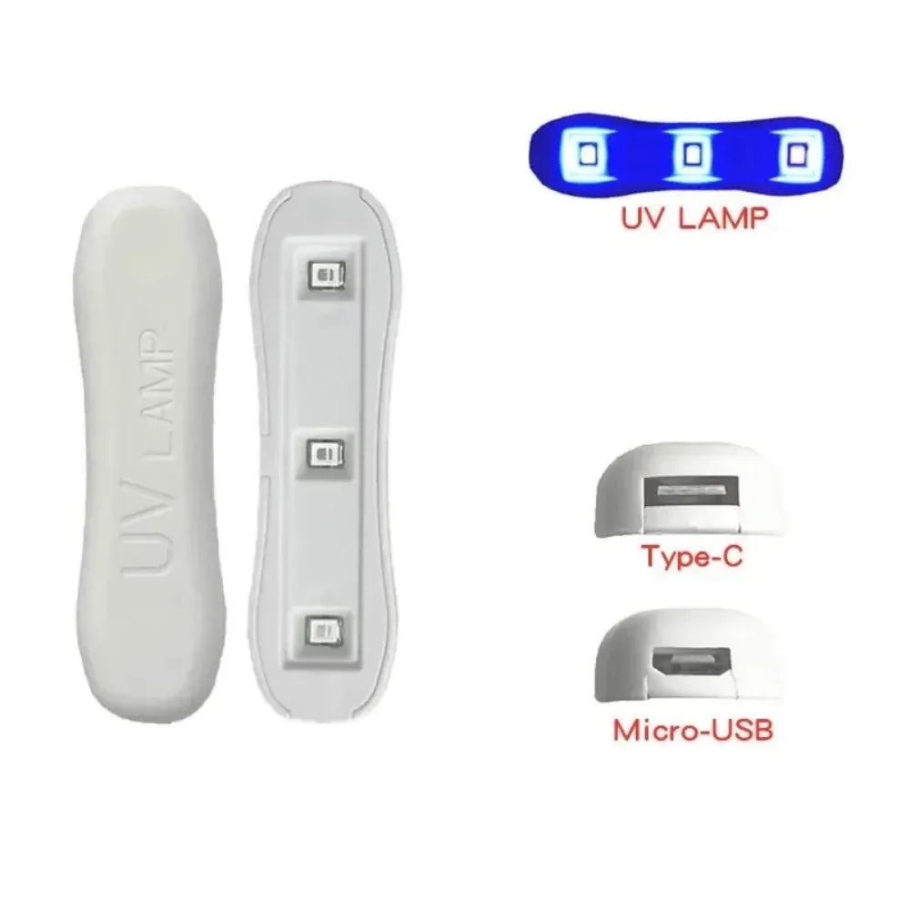 A set of three UV lamps for windshield crack repair, including a UV lamp, Type-C adapter, and Micro-USB adapter.