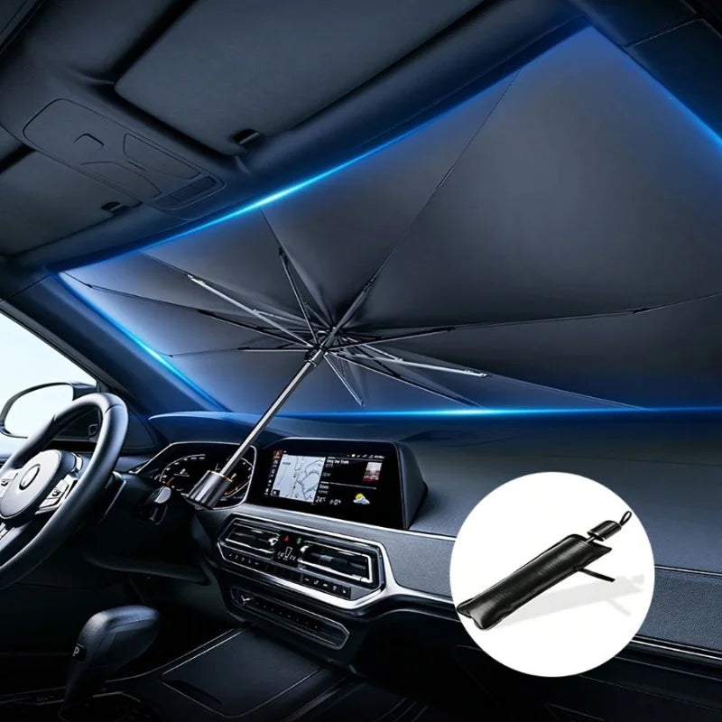 Klappbare Windschutzscheiben-Sunshade installiert in Fahrzeuginnenraum mit blauem Ambiente-Licht.