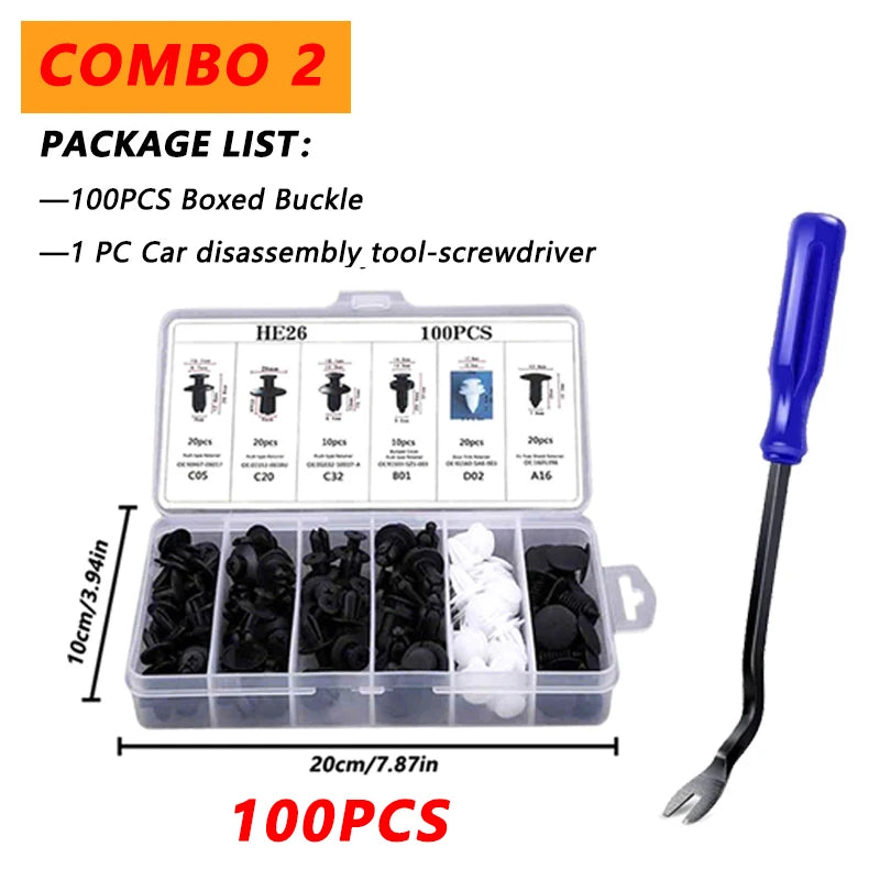 A package of 100 pieces of boxed buckle and a car disassembly tool screwdriver kit with various plastic trim parts.
