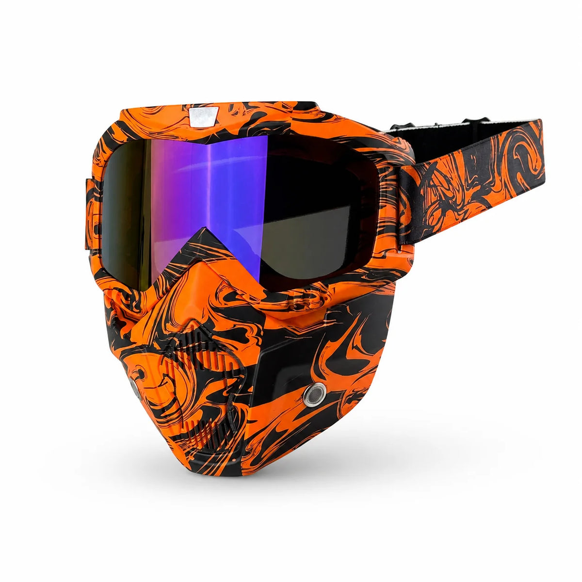 Orange and black tactical full face motorcycle goggles with purple-tinted lenses