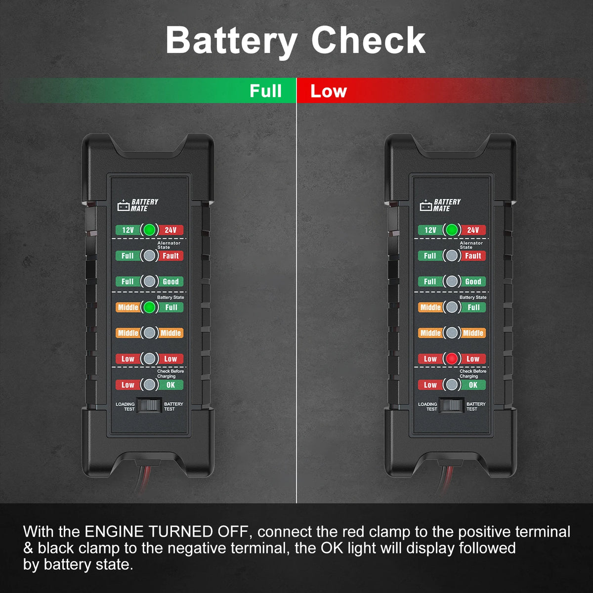 Battery check display showing full and low battery status on a professional car battery tester device