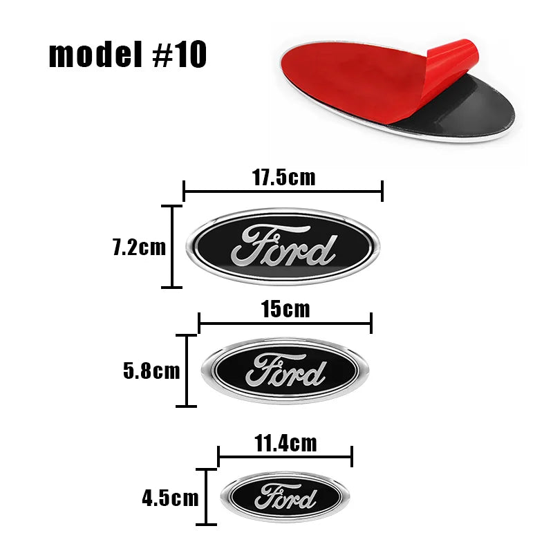 A set of four Ford emblem badges or stickers for automotive use, including a large red and black piece and three silver and b