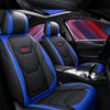 Close-up view of various car seat covers for Hyundai and Kia models in black, blue, and beige colors.
