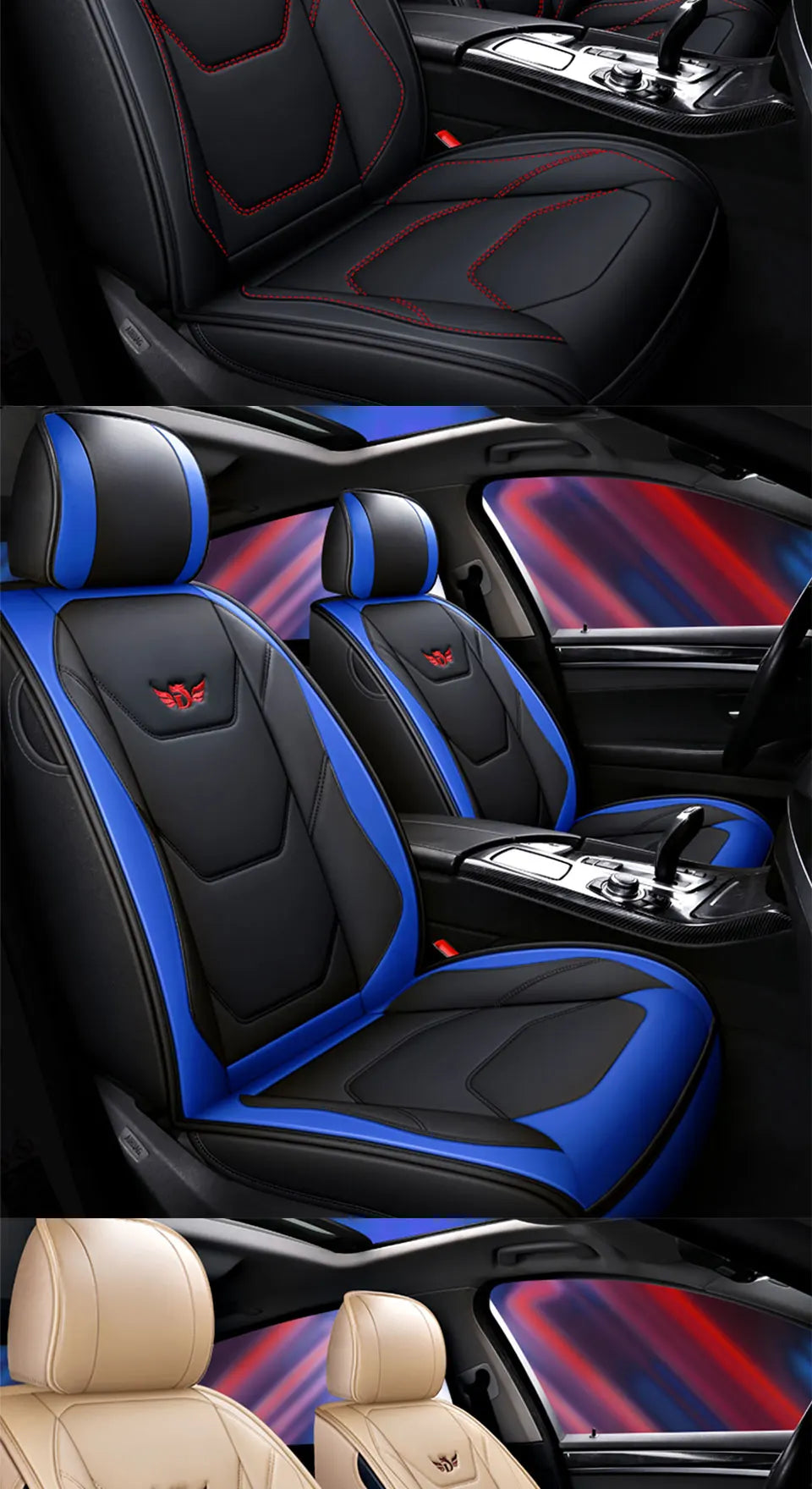 Close-up view of various car seat covers for Hyundai and Kia models in black, blue, and beige colors.