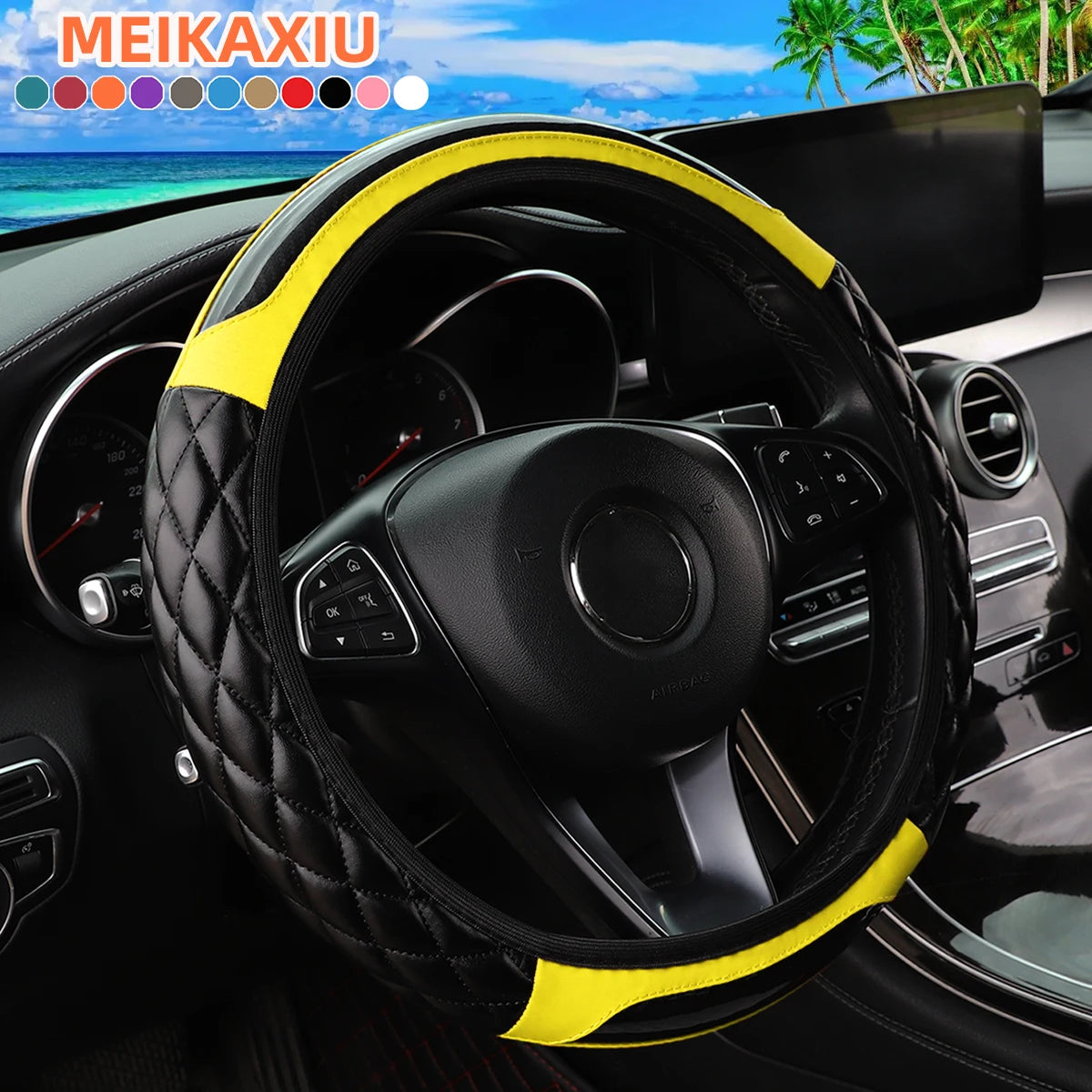 A black leather steering wheel with a yellow accent rim is shown inside a car cockpit.