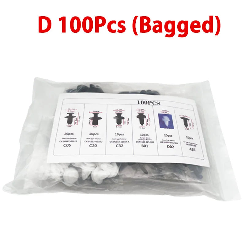 Bagged set of 100 pieces of universal automotive fastener clips for body trim