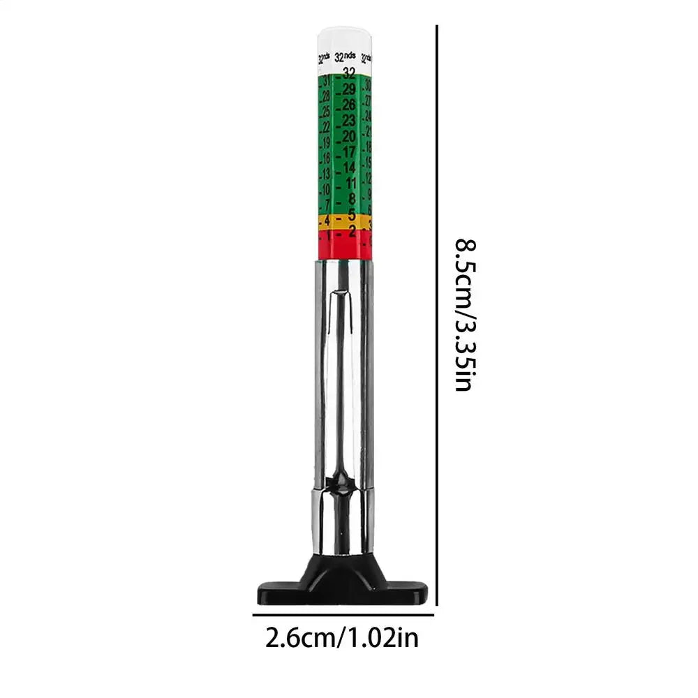 A vertical precision tire tread depth gauge with a graduated scale and a black base.
