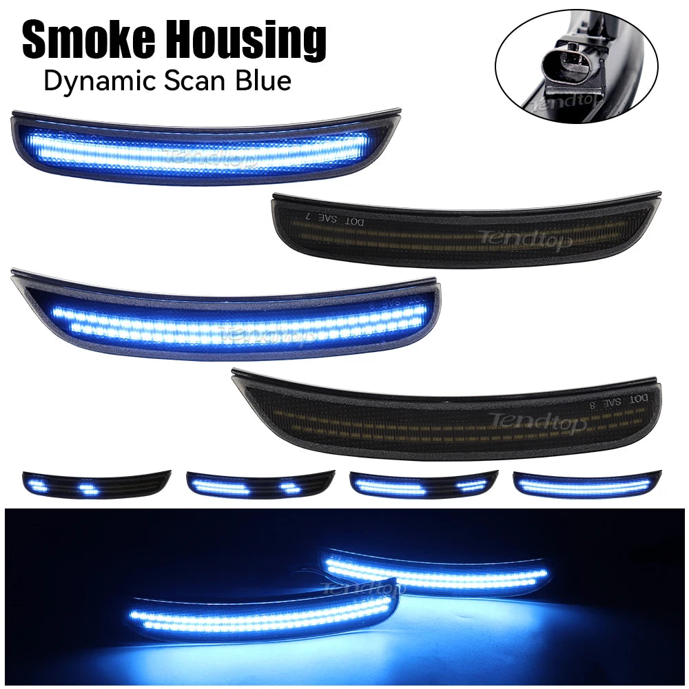 A set of blue LED side marker lights with a dynamic scan feature shown in various forms and installations.