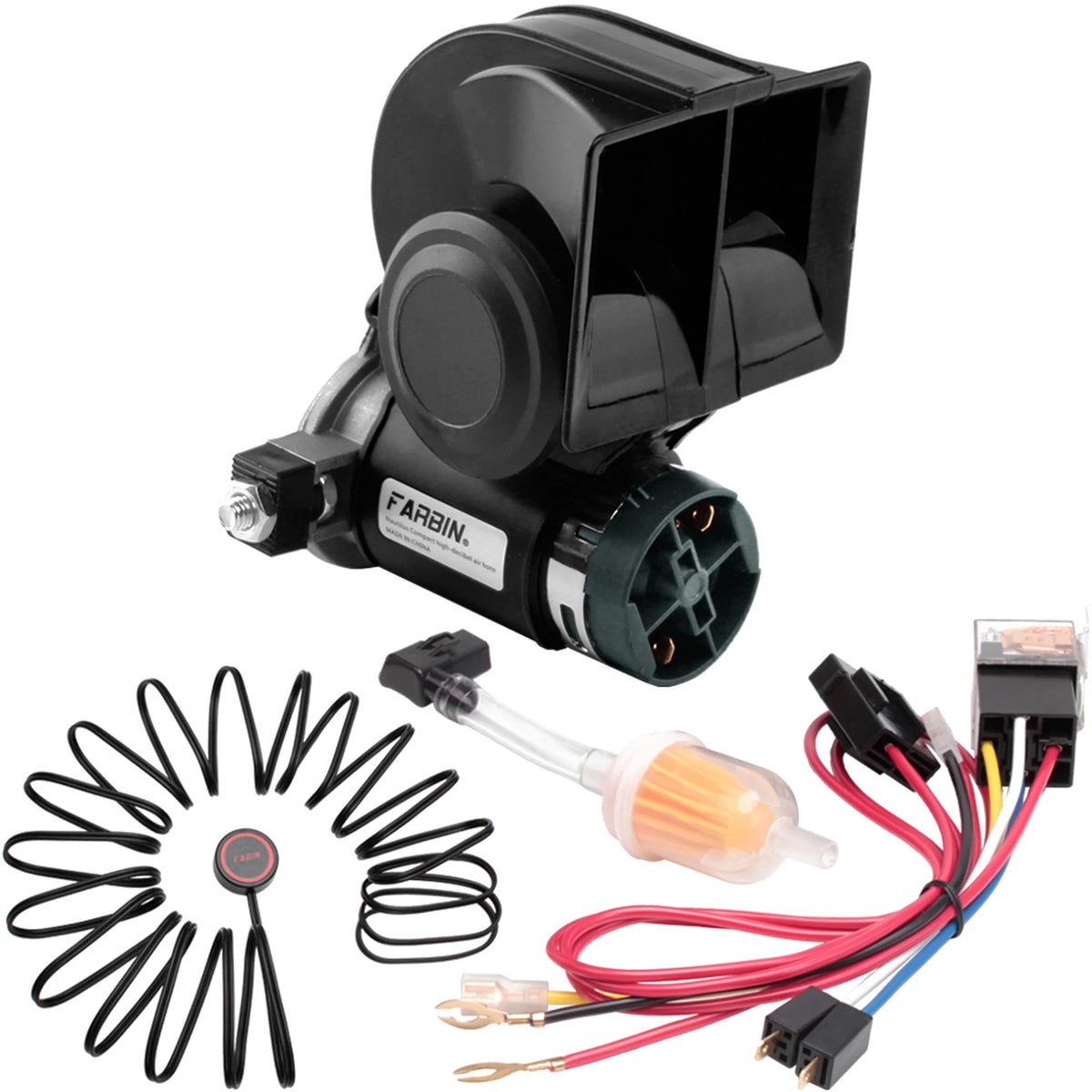 A black super loud dual tone car horn with wires and a coiled horn element.