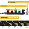A set of five spray tips with various angles (0 to 65 degrees) mounted on a nozzle holder for a high-pressure spray gun.