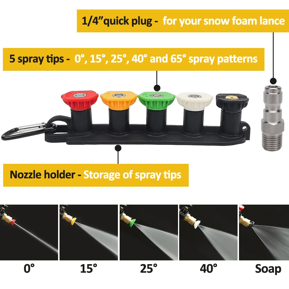 A set of five spray tips with various angles (0 to 65 degrees) mounted on a nozzle holder for a high-pressure spray gun.