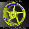 A yellow motorcycle wheel with blue reflective decals for Yamaha MT-07