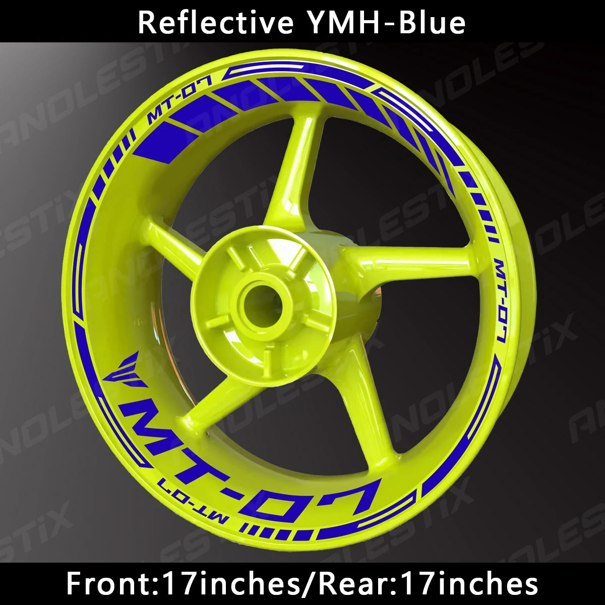A yellow motorcycle wheel with blue reflective decals for Yamaha MT-07