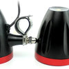 A black motorcycle Bluetooth speaker system with an FM radio and USB, shown from the side.