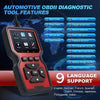 A professional automotive OBDII diagnostic tool with a red and black casing and a display showing various diagnostic function