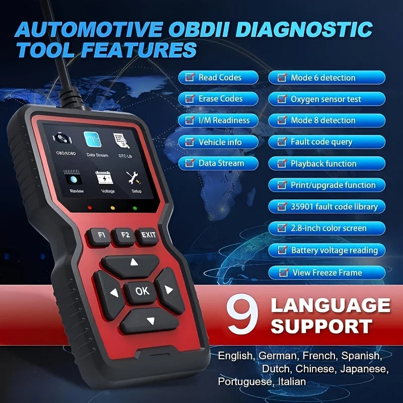 A professional automotive OBDII diagnostic tool with a red and black casing and a display showing various diagnostic function