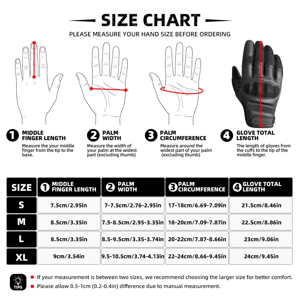 Size chart for tactical hard-shell gloves showing hand measurements for S, M, L, and XL sizes.
