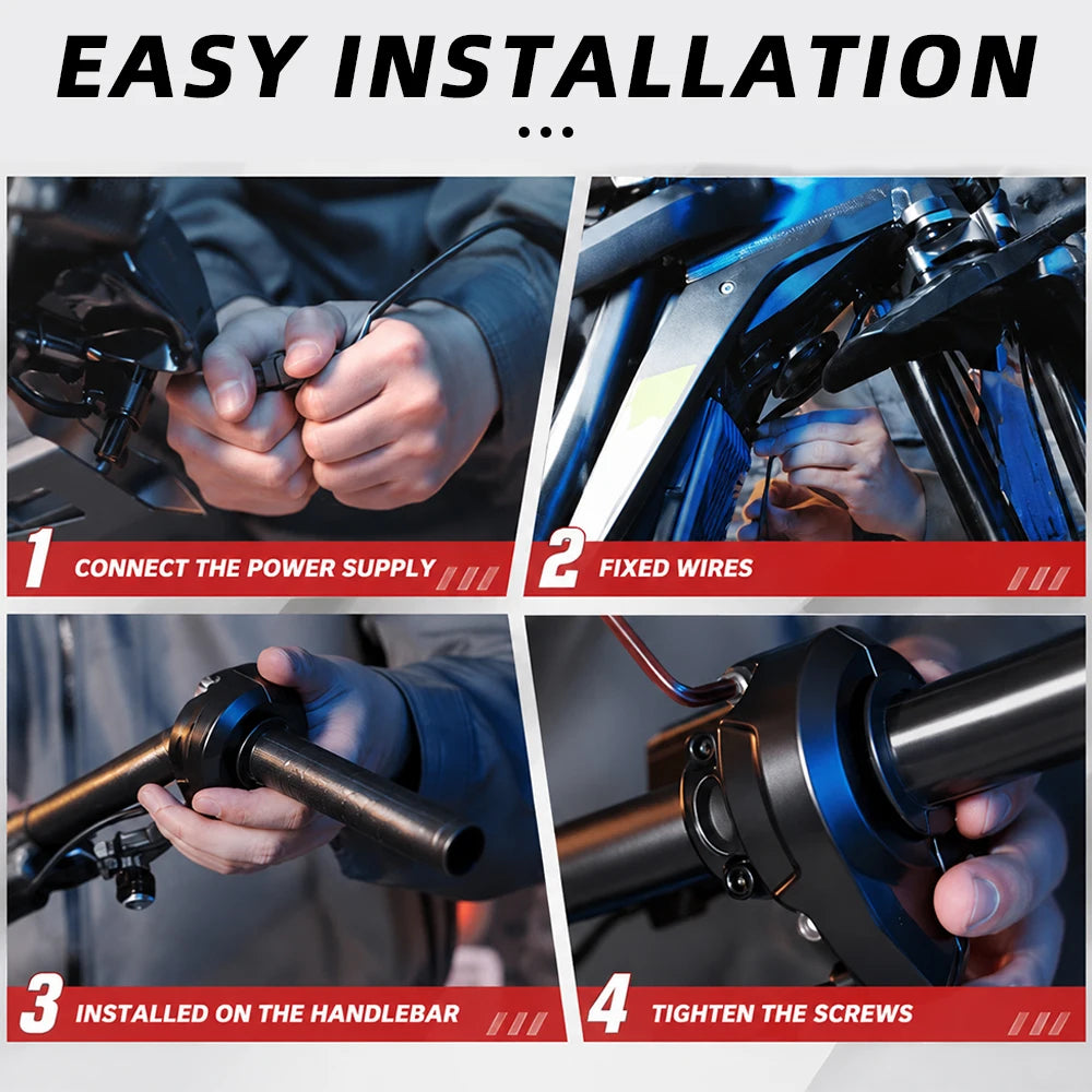 Quatre étapes montrant la facile installation d'une poignée de commande pour throttle sur le guidon des motos tout-terrain él