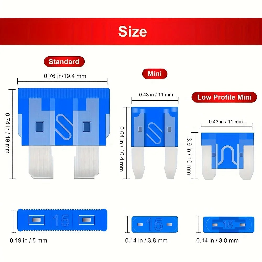 Assortment kit of various car fuses showing standard and mini size options with dimensions.