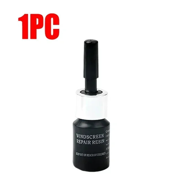 One piece of windshield repair resin kit with a black applicator rod and white container.