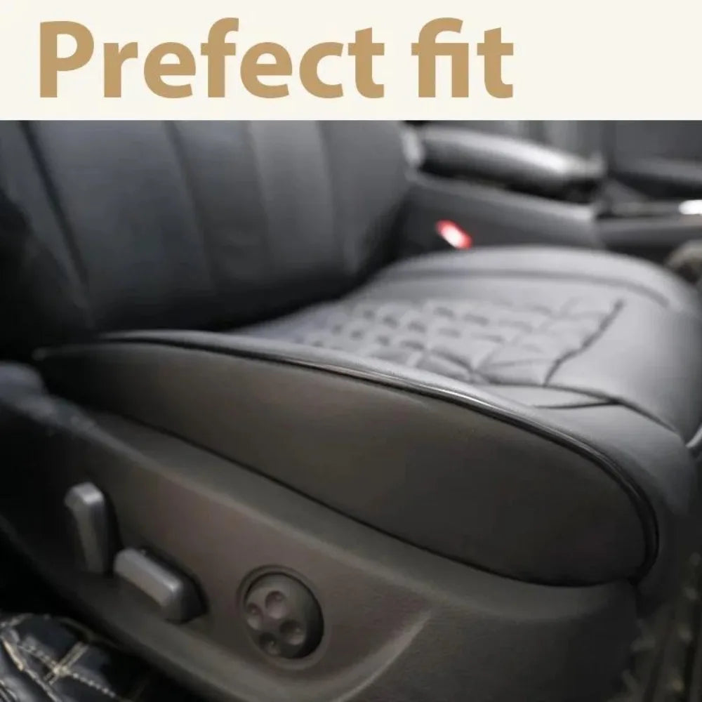 Close-up of a black car seat cover showing the Perfect fit branding on the upholstery.