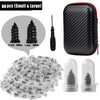 A set of tire repair kits including a black zippered pouch and multiple clear glass inserts for various sizes.