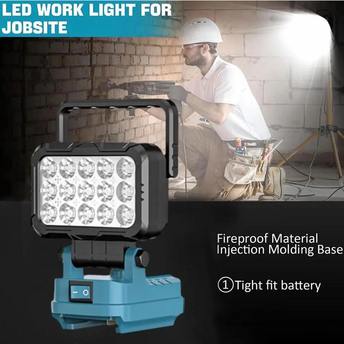 A portable LED work light mounted on a molding base, shown illuminating a construction site.