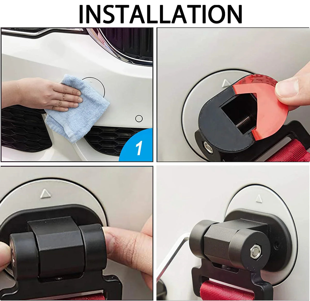 Installation steps showing how to install a car trailer hook decal set on a vehicle.