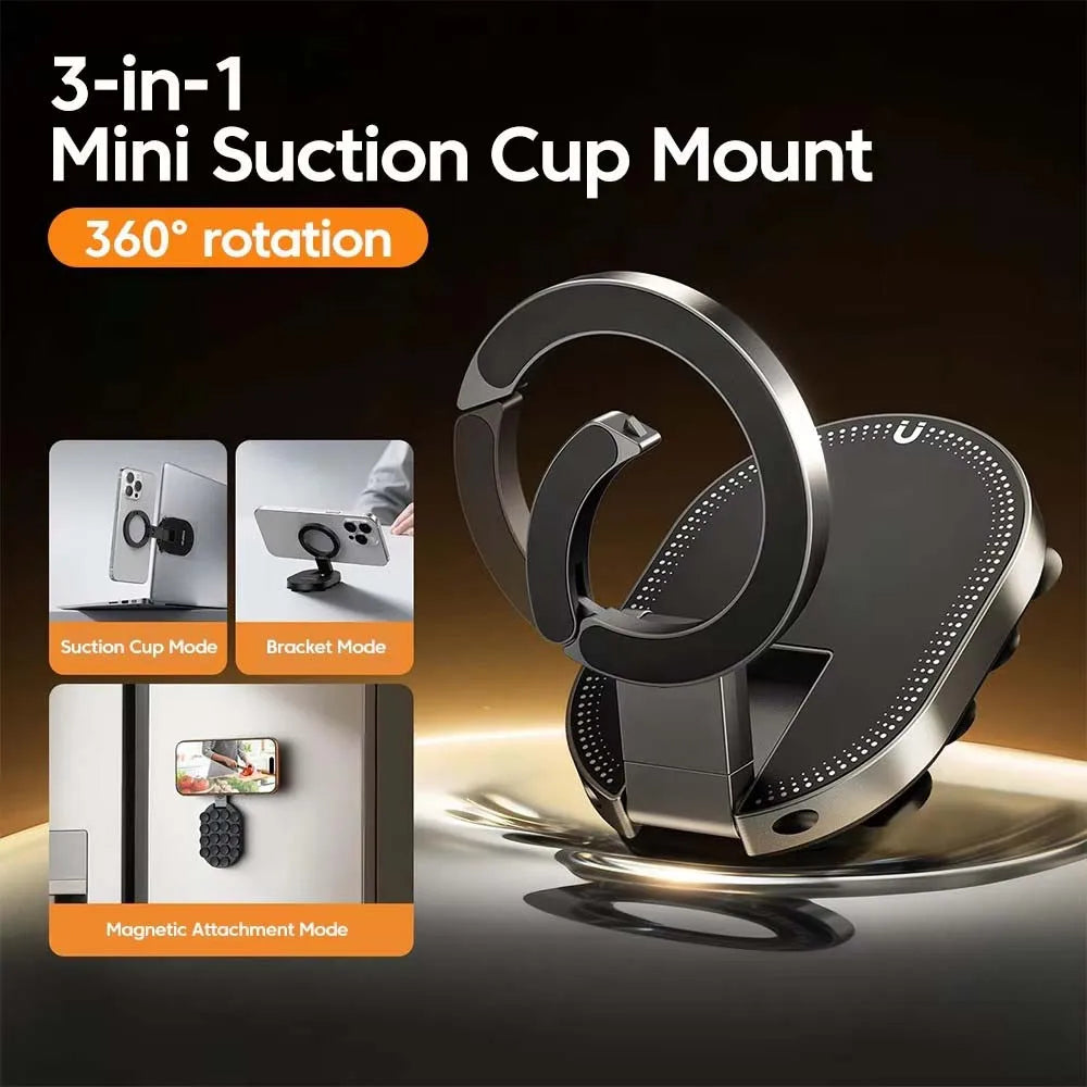 A black 3-in-1 suction cup mount featuring rotation and magnetic attachment modes for holding a smartphone.