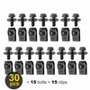 Un jeu de 30 fixations et clips pour carrosserie, incluant 15 boulons et 15 clips.