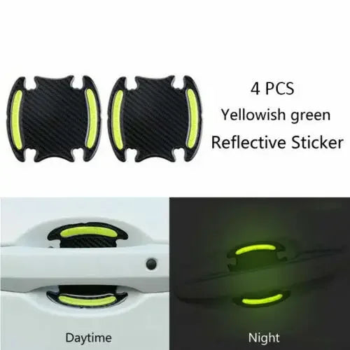 Four yellowish green reflective stickers for car door handles shown in daytime and night conditions.