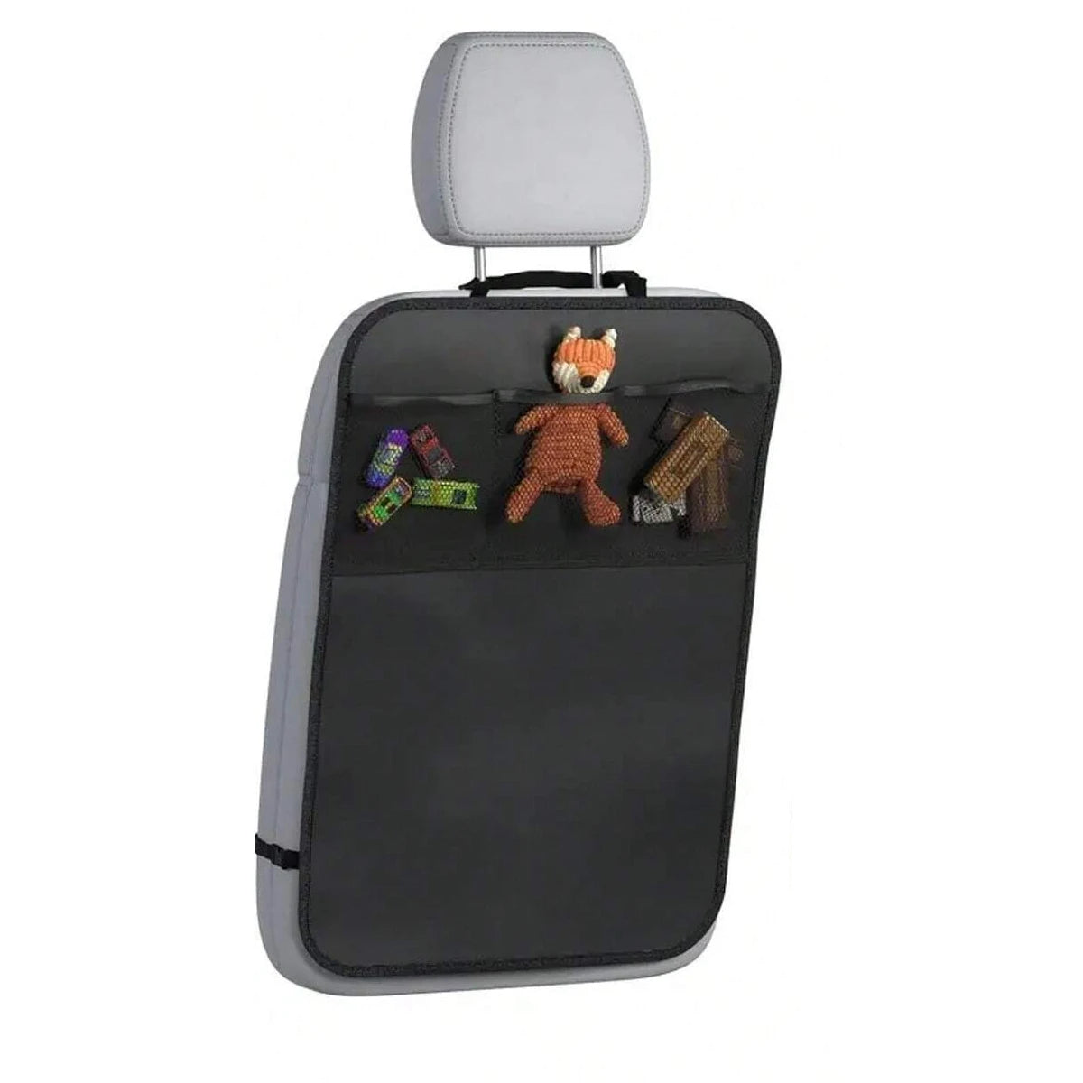 Tapicería trasera gris para coche con bolsillos de almacenamiento para juguetes y accesorios pequeños.