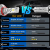 Comparison chart showing features of LED vs Halogen headlight bulbs including brightness, lifespan, color temperature, waterp