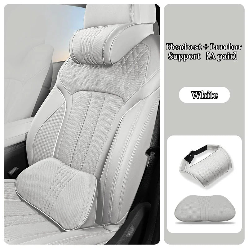 White headrest and lumbar support pillow set for car seat comfort