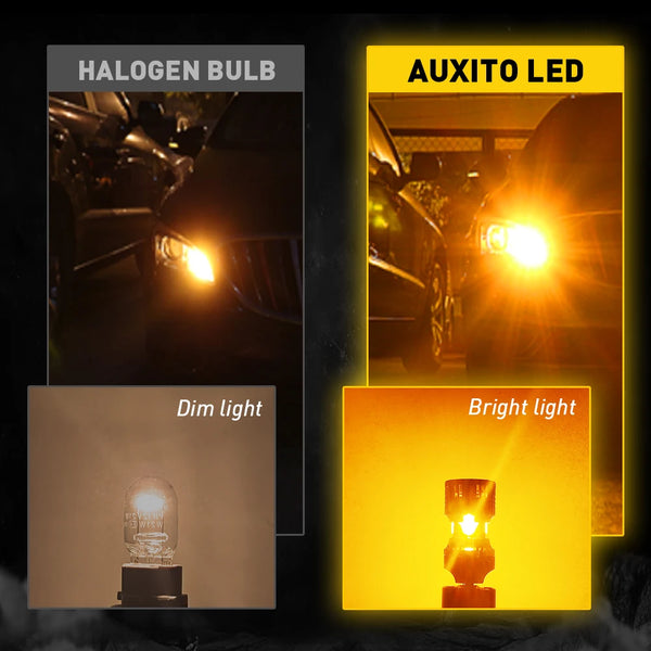 Comparison of a halogen bulb and an auxito LED light, showing dim and bright light outputs.