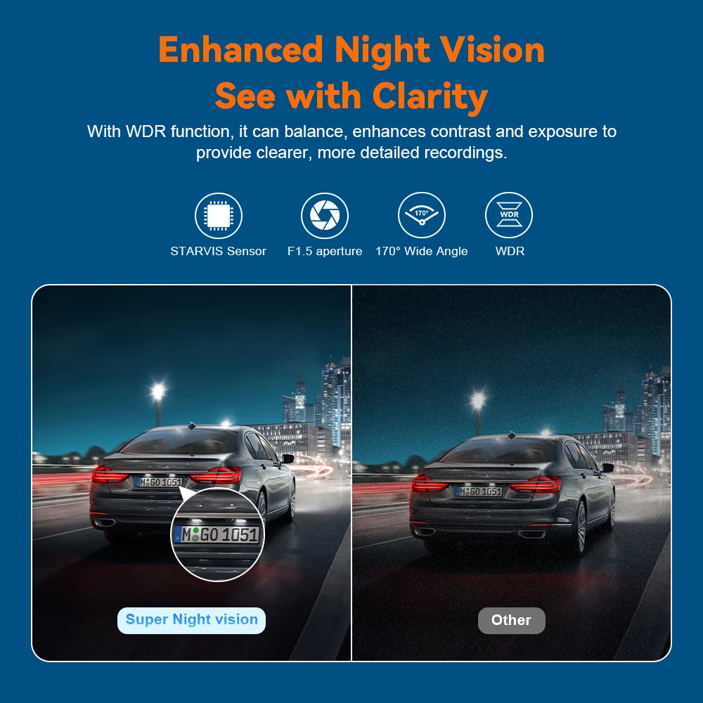 A dashboard camera recording a nighttime scene, demonstrating enhanced night vision features.