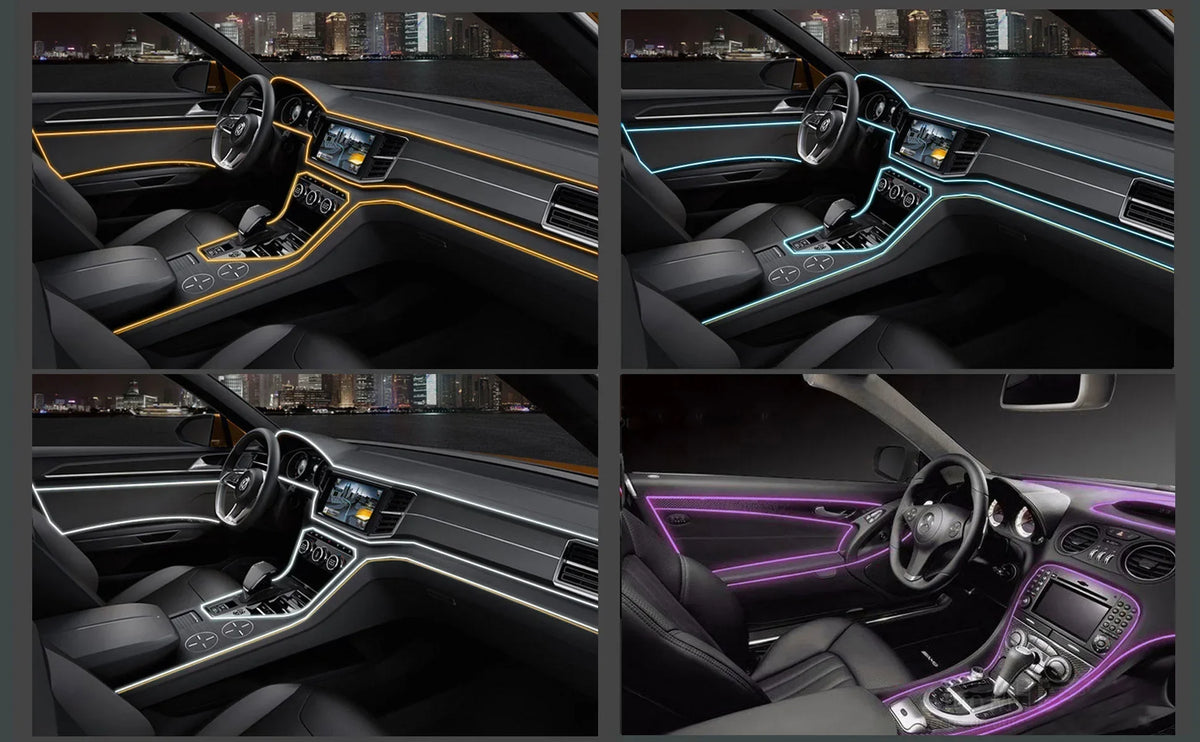 Tableau de bord de voiture intérieur avec diverses bandes lumineuses LED néon flexibles orange, cyan et violettes.