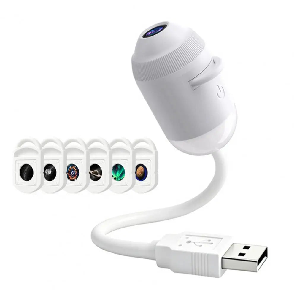 A white Starry Sky Projector night light with a touch control feature and a flexible cord.