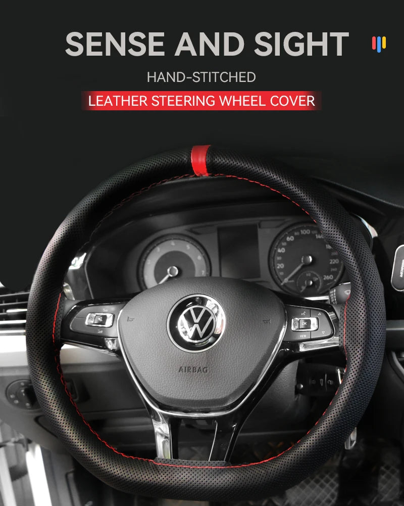 Hand-stitched leather steering wheel cover for a Volkswagen vehicle interior.
