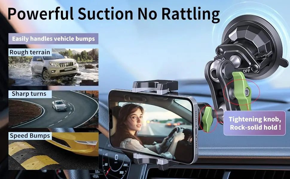A suction cup phone mount is shown attached to a car windshield, demonstrating its powerful suction and no rattling feature.