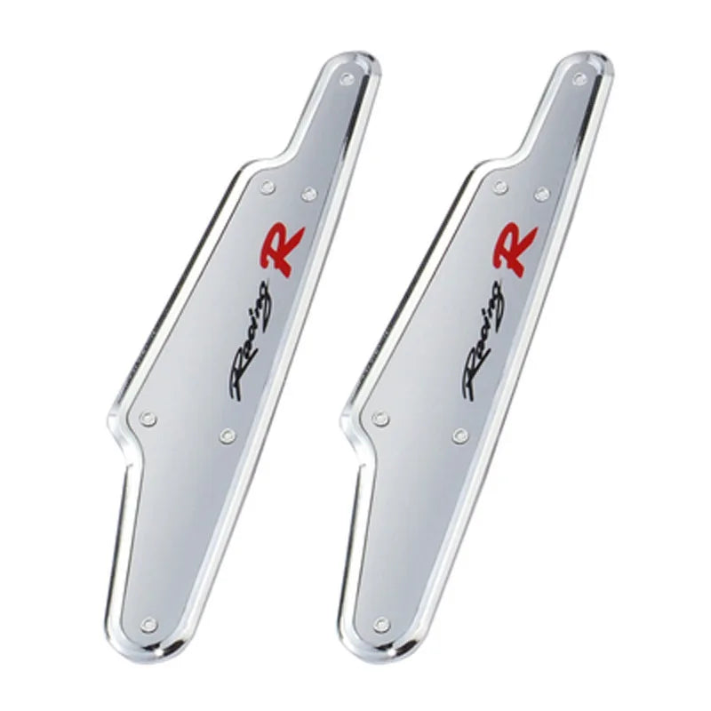 A pair of chrome car wiper pressure regulator boosters with red R markings.