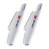 A pair of chrome car wiper pressure regulator boosters with red R markings.