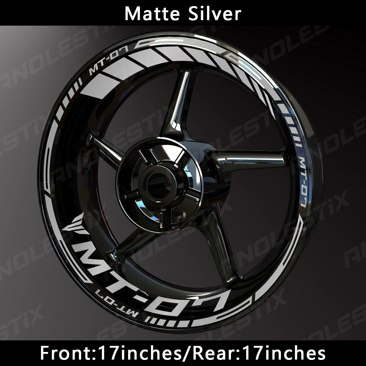 Matte silver motorcycle wheel decals for Yamaha MT-07 featuring a spoked design.