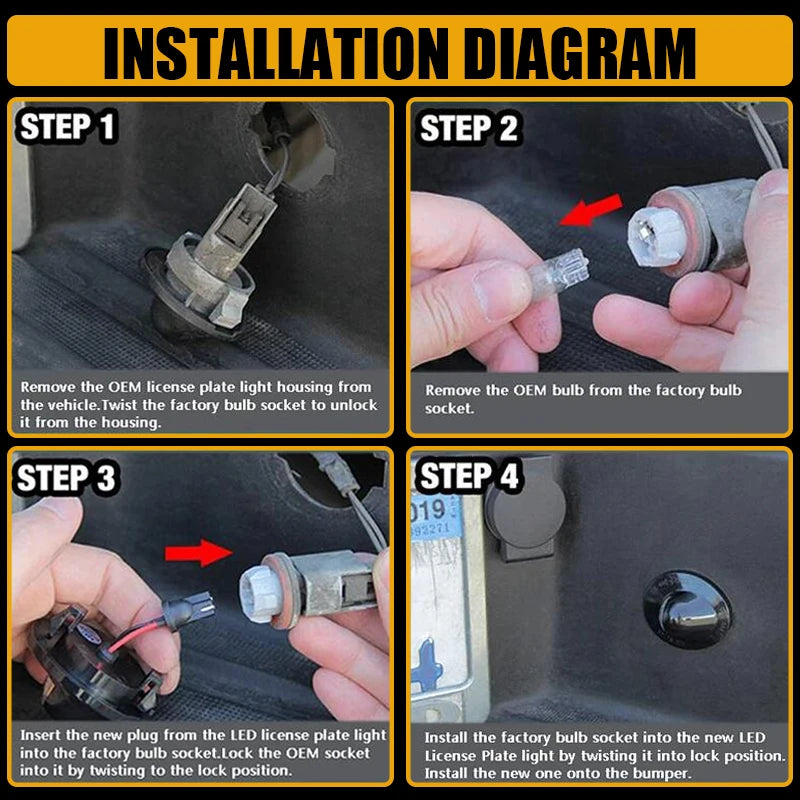Installation diagram showing four steps for installing a LED license plate light into a vehicle bumper.