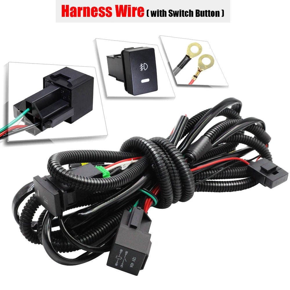 A bundle of black harness wire with a switch button and connectors for an automotive fog light kit.