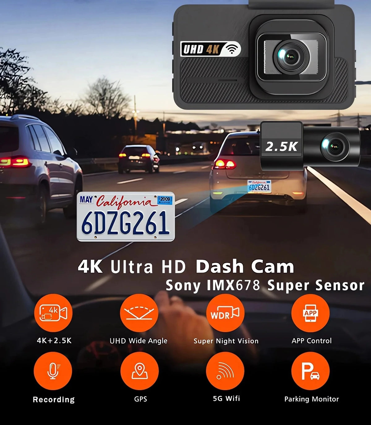 A 4K Ultra HD dash cam is shown mounted on a car, featuring multiple functions like recording, GPS, and parking monitor.