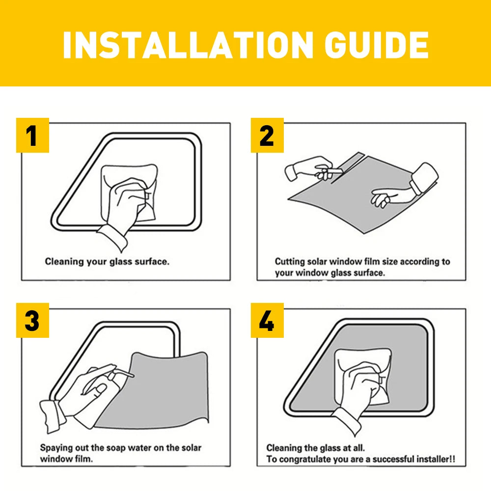 Four steps guide for installing high-performance window tint film on a vehicle window surface.