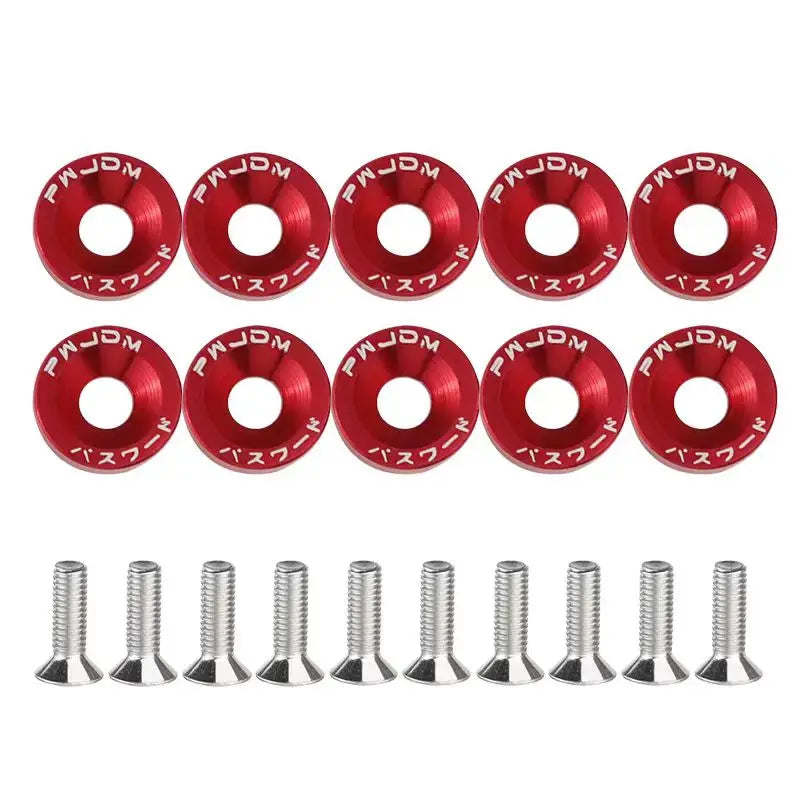A set of red universal automotive color washers and fasteners.